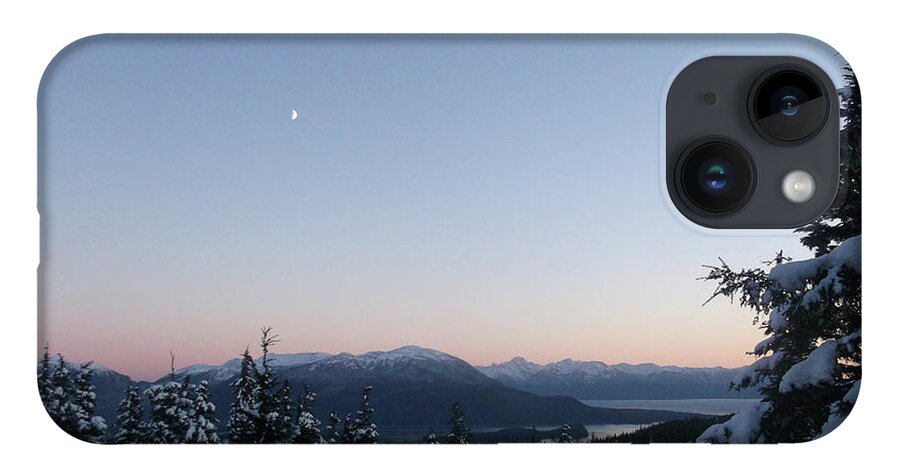 #evening #dusk #sunset #moon #alaska #juneau #ak #cruise #tours #vacation #peaceful #moon #camping #snow #winter #cold iPhone 14 Case featuring the photograph Nightfall at John Muir cabin by Charles Vice
