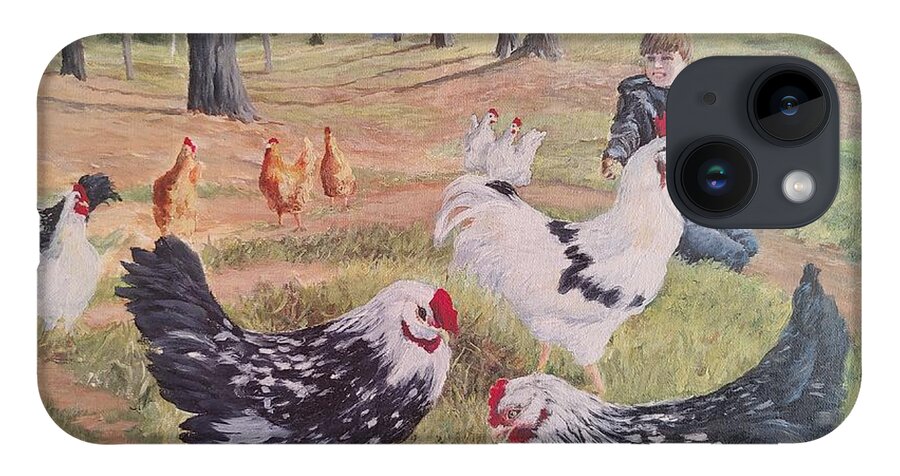 Landscape iPhone 14 Case featuring the painting Noah and his Chickens by ML McCormick
