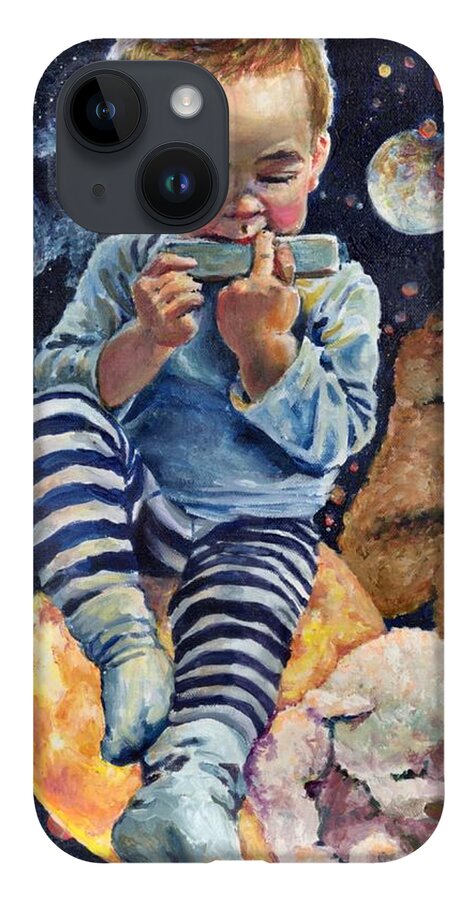 Boy iPhone Case featuring the painting Nocturne on Harmonica for Bear Trio by Merana Cadorette