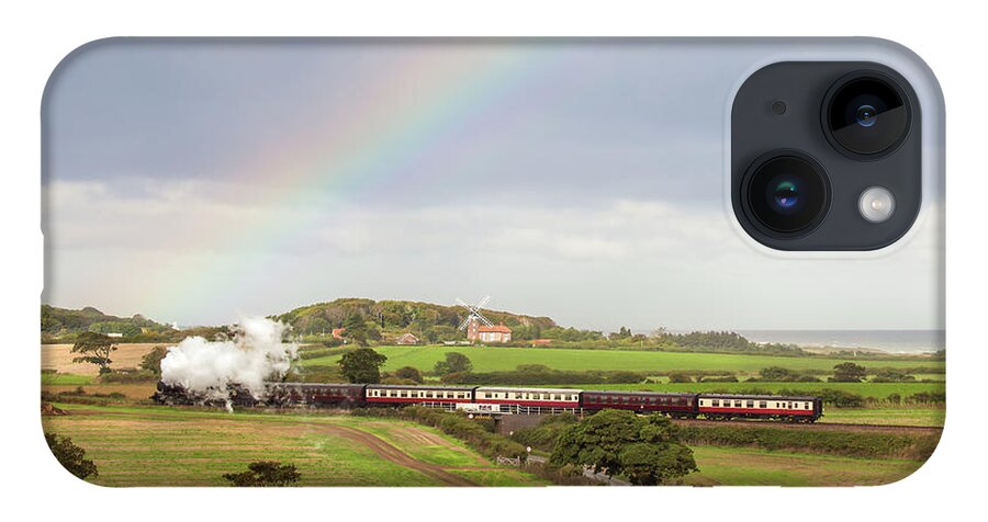 Weybourne iPhone 14 Case featuring the photograph Norfolk steam train with Weybourne windmill and rainbow by Simon Bratt
