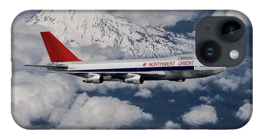 Northwest Orient Airlines iPhone Case featuring the mixed media Northwest Orient Airlines Boeing 747 and Mt. Rainier by Erik Simonsen