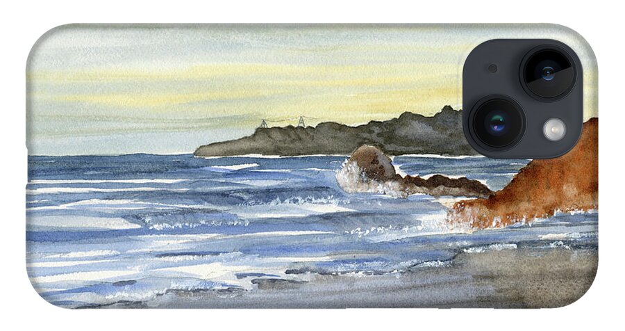 Ocean iPhone 14 Case featuring the painting Ocean Scene Rock Reflections In Wet Sand by Deborah League