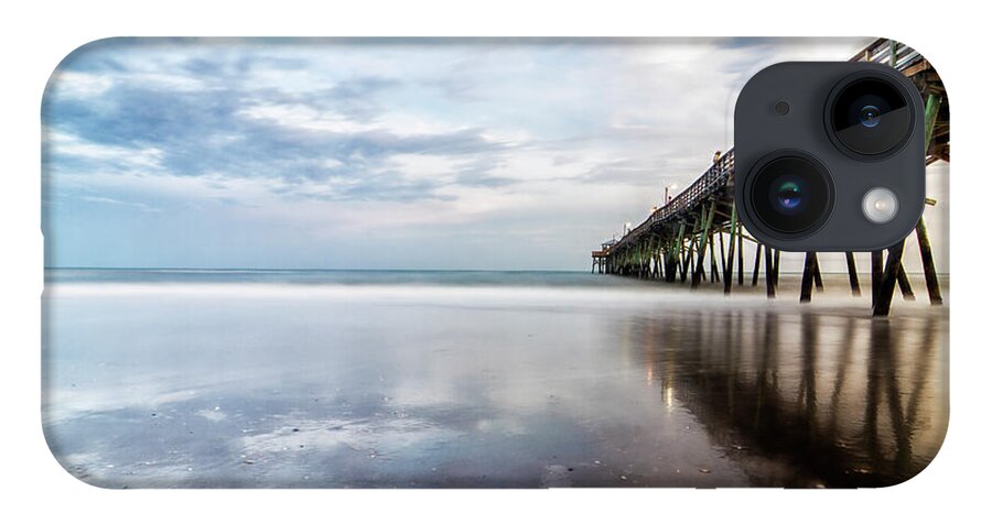 North Carolina Fishing Pier iPhone 14 Case featuring the photograph Oceanna Pier With Blue Skies and Dark Clouds Reflected by Bob Decker