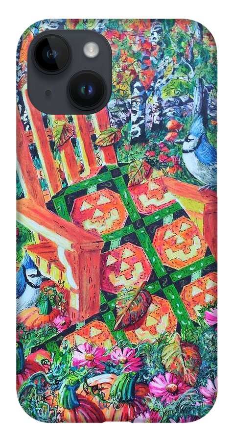 October Pumpkins Featuring A Happy Jack-o-lantern Pumpkin Quilt. iPhone 14 Case featuring the painting October Pumpkins by Diane Phalen