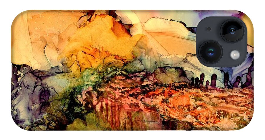 Alcohol Ink iPhone 14 Case featuring the painting On the bright side by Angela Marinari