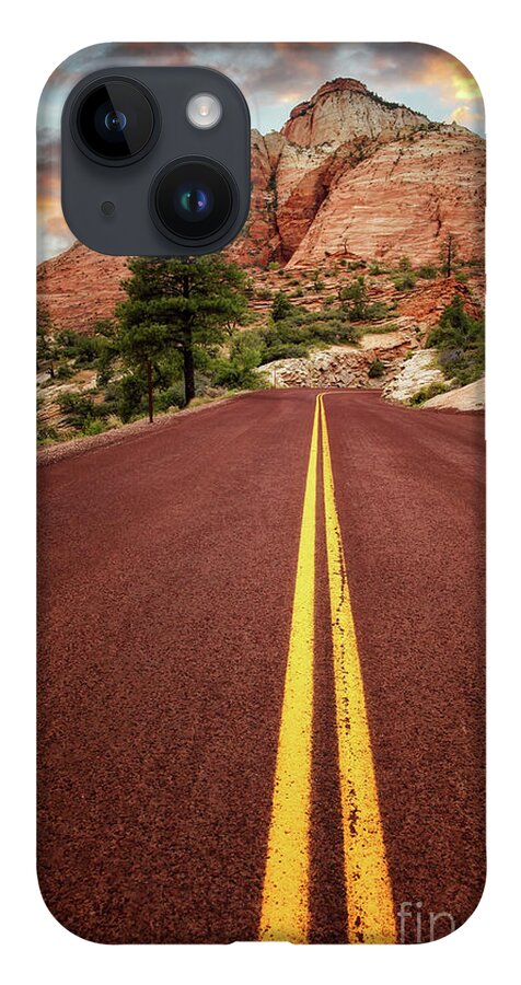 Road iPhone 14 Case featuring the photograph On the road in Zion at sunset, Utah, USA by Jane Rix