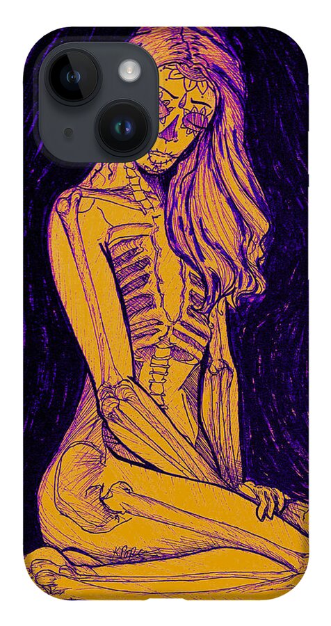 Sugar Skull iPhone Case featuring the mixed media Eternal Enigma Sugar Skull Woman Orange and Purple by Kenneth Pope