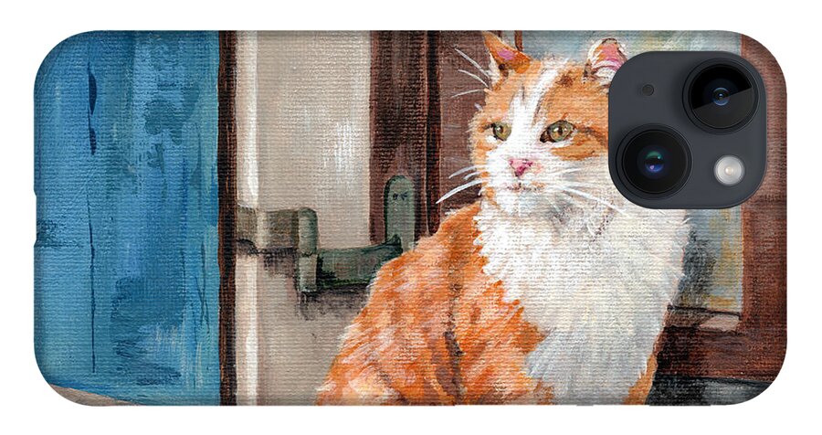 Cat iPhone 14 Case featuring the painting Oscar - Cat in Window painting by Annie Troe