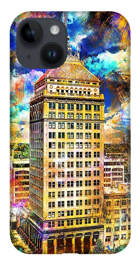 Pacific Southwest Building iPhone 14 Case featuring the digital art Pacific Southwest Building in Fresno - colorful painting by Nicko Prints