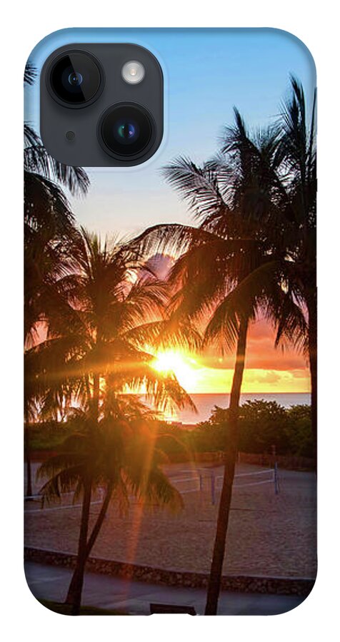 Palm iPhone Case featuring the photograph Palm Tree Sunset on Ocean Drive South Beach Miami by Beachtown Views