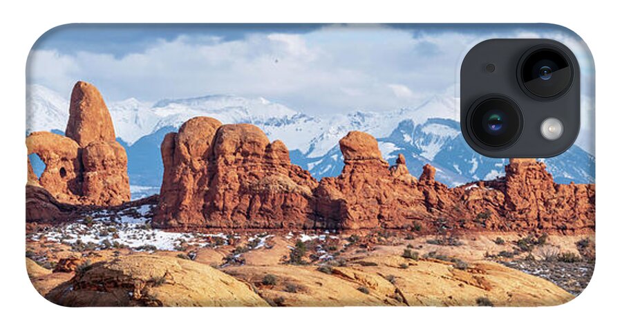 Panorama iPhone 14 Case featuring the photograph Panorama of rock formations in Arches National Park by Robert Miller