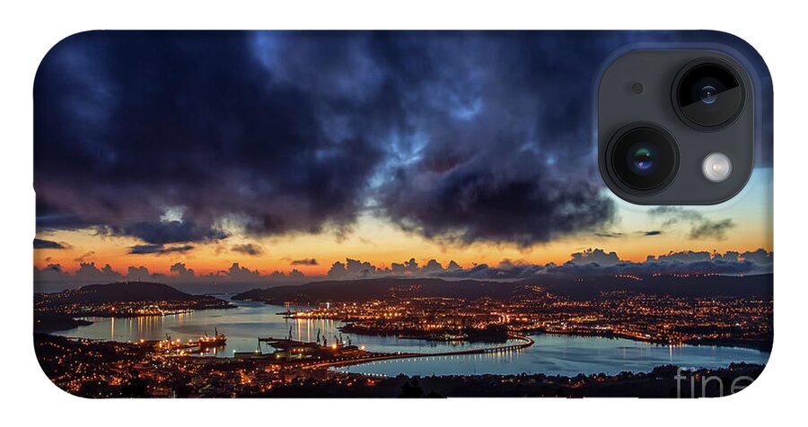 Port iPhone 14 Case featuring the photograph Panoramic View of Ferrol Estuary with Bridge and Shipyards Stormy Sky at Dusk La Corua Galicia by Pablo Avanzini