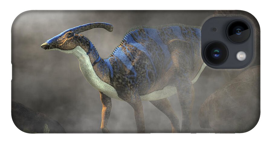Parasaurolophus iPhone 14 Case featuring the digital art Parasaurolophus in Fog by Daniel Eskridge
