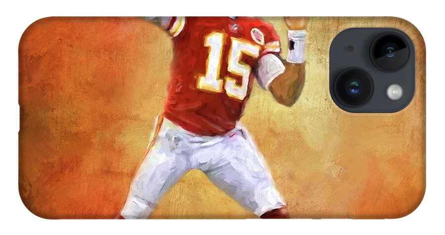Pat Mahomes iPhone 14 Case featuring the mixed media Patrick Mahomes Super Bowl Champ by Colleen Taylor