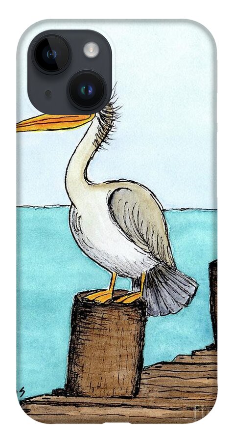 Coastal Bird iPhone 14 Case featuring the painting Pelican Perched on Pier by Donna Mibus