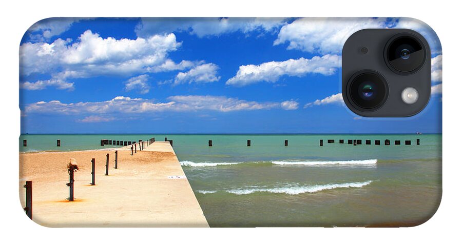 Landscape iPhone 14 Case featuring the photograph Pier Blue Sky Clouds Lake North Avenue Beach by Patrick Malon