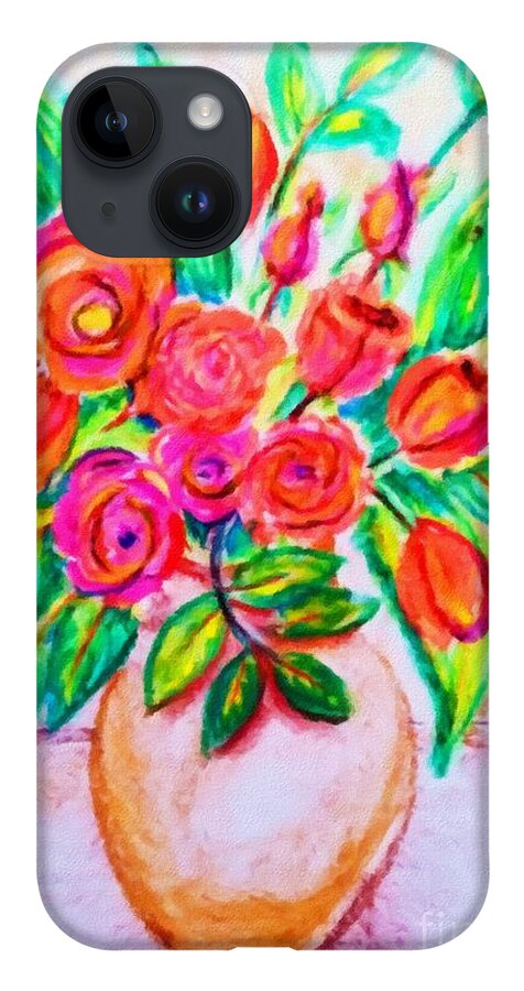 Pink iPhone 14 Case featuring the digital art Pink and Orange Floral Bouquet Pastel Chalk Digitally Altered by Delynn Addams