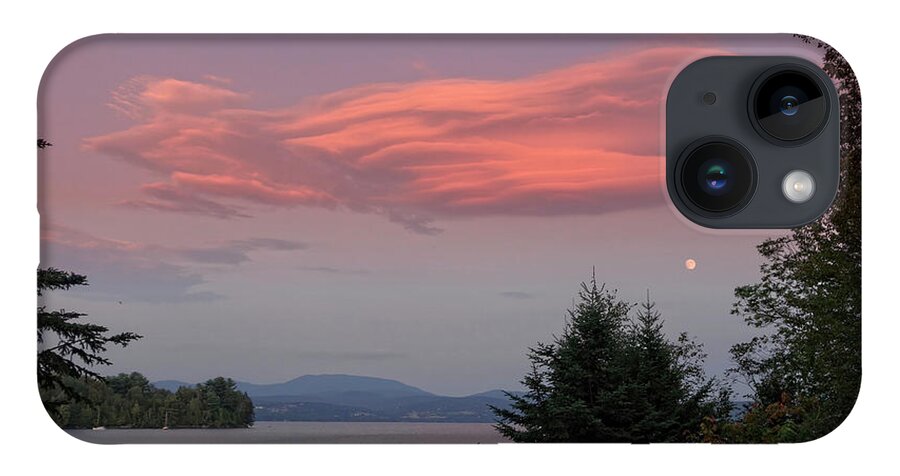 Pink iPhone 14 Case featuring the photograph Pink Clouds with Moon Over Lake by Russel Considine