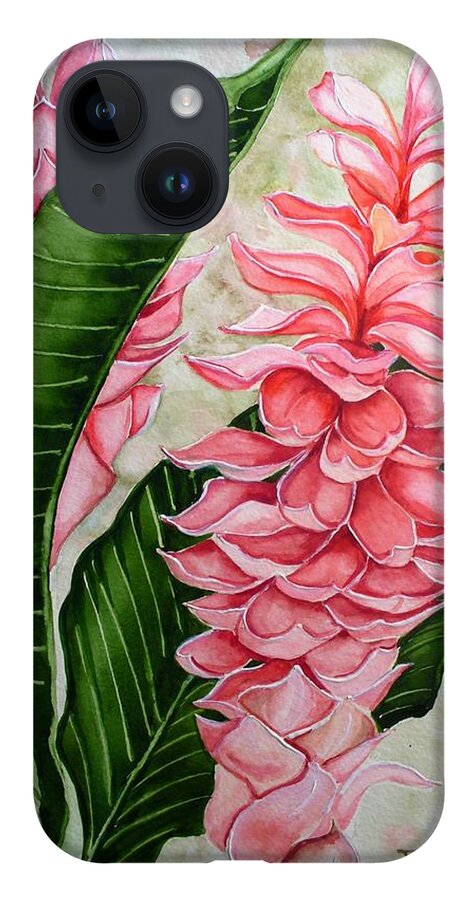 Flower Painting Floral Painting Botanical Painting Ginger Lily Painting Original Watercolor Painting Caribbean Painting Tropical Painting iPhone 14 Case featuring the painting Pink Ginger Lilies by Karin Dawn Kelshall- Best
