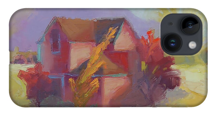 Landscape iPhone 14 Case featuring the painting Pink House Yellow by Cathy Locke