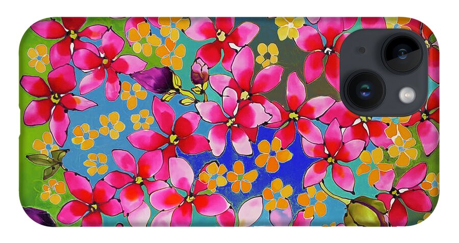 Karla Kay Art iPhone 14 Case featuring the painting Pink magnolia on green hues by Karla Kay Benjamin