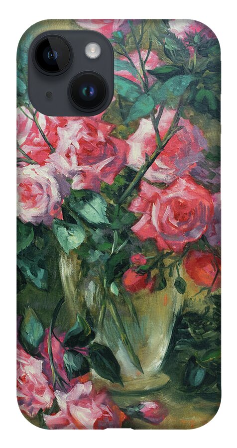 Pink Roses iPhone 14 Case featuring the painting Pink and Red roses in glass vase. by Lynne Pittard