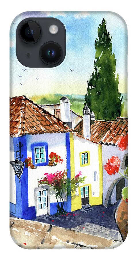 Portugal iPhone 14 Case featuring the painting Portugal Obidos Painting by Dora Hathazi Mendes