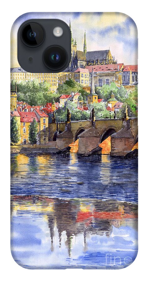 Watercolour Watercolor Prague Praha Cityscape Castle Old City Hous Bridge iPhone 14 Case featuring the painting Prague Castle with the Vltava River 1 by Yuriy Shevchuk