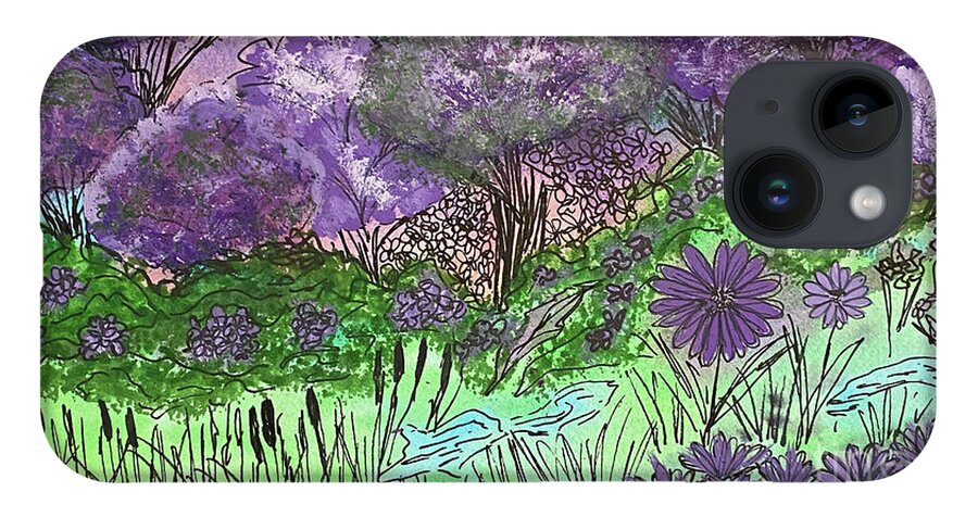 Purple iPhone 14 Case featuring the mixed media Purple Doodle Scene by Lisa Neuman