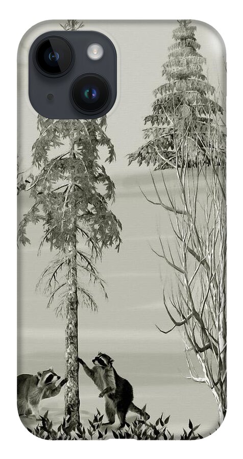 Raccoon iPhone 14 Case featuring the mixed media Raccoons in the Wild Winter Forest by David Dehner