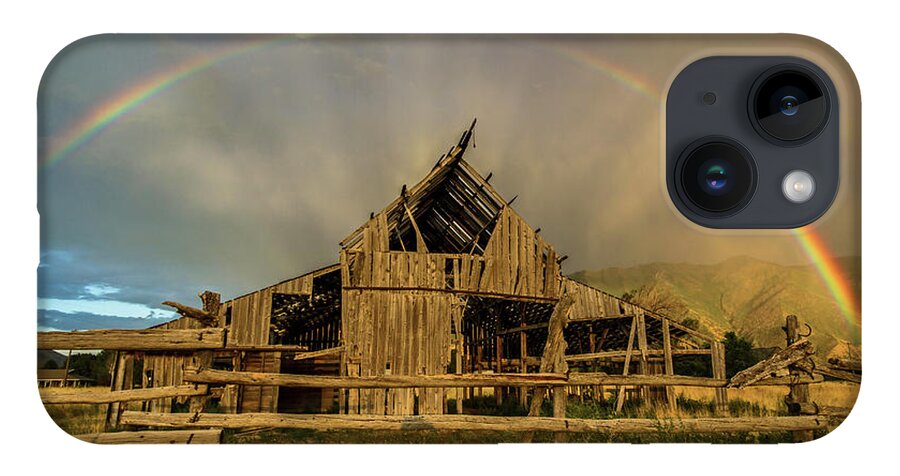 Barn iPhone 14 Case featuring the photograph Rainbow over Mapleton Barn by Wesley Aston