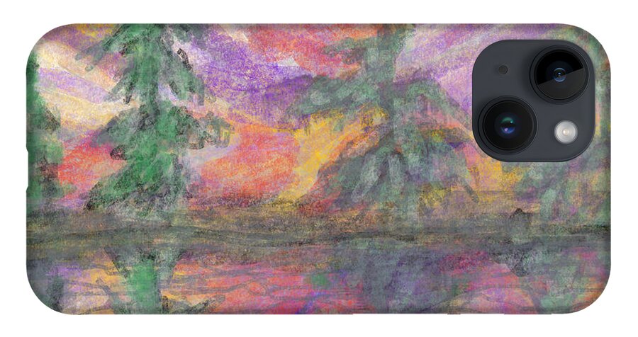 Rainbow Sunset Landscape Abstract Pastel Bag Pillow Cushion Trees Nature Lobby iPhone 14 Case featuring the painting Rainbow Sky Landscape by Bradley Boug