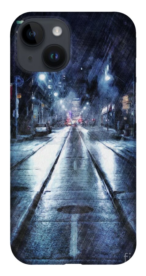 Weather iPhone 14 Case featuring the digital art Rainy Night Downtown by Phil Perkins