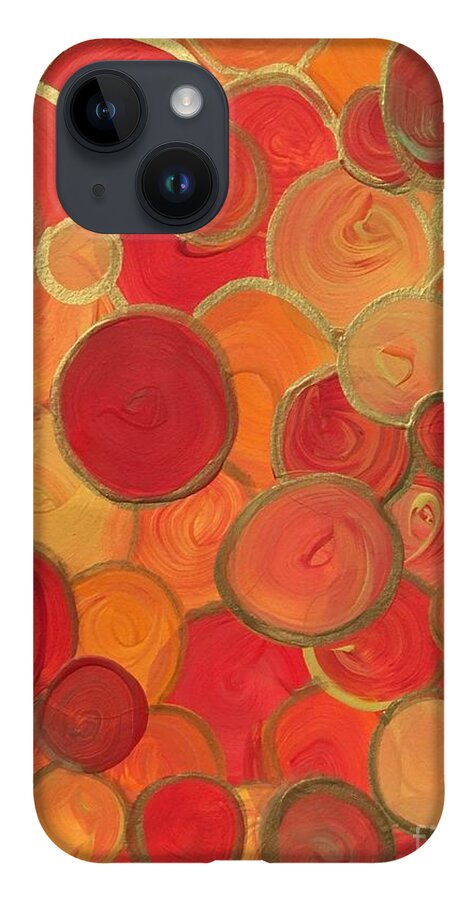Abstract iPhone 14 Case featuring the painting Red and Gold Bubbles by Debora Sanders