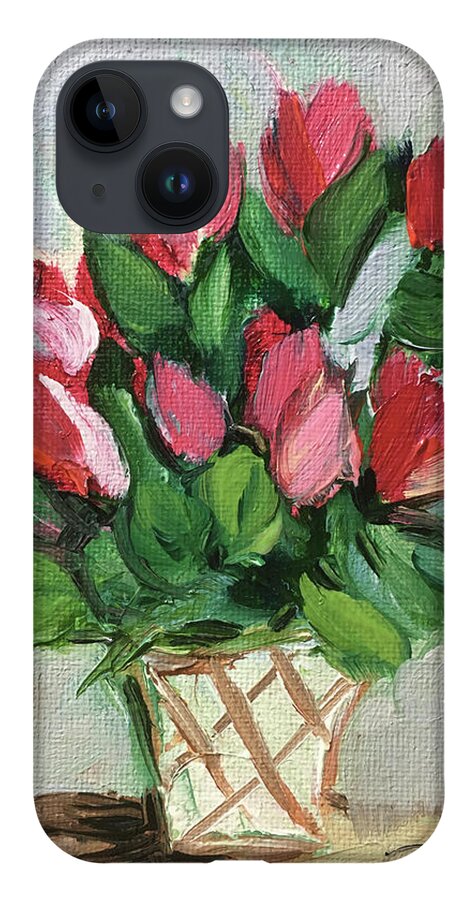 Flowers iPhone 14 Case featuring the painting Red Flowers in a White Basket by Roxy Rich