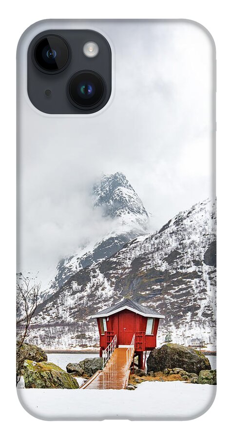 #norway #lofoten #landscape #nature #cabin #mountain #outdoor #snow iPhone 14 Case featuring the photograph Red Hot Spot by Philippe Sainte-Laudy