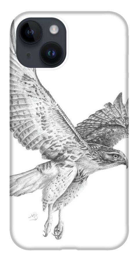 Hawk iPhone 14 Case featuring the drawing Red Tailed Hawk in Flight by Monica Burnette
