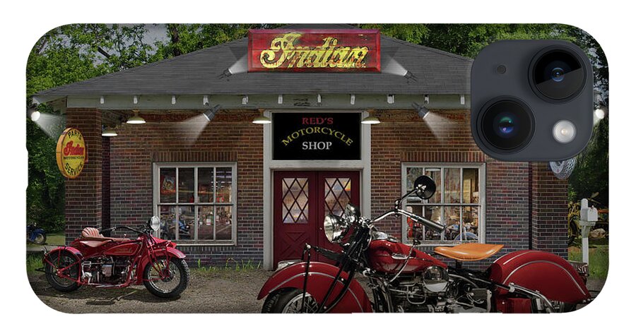 Indian Motorcycles iPhone 14 Case featuring the photograph Reds Motorcycle Shop C by Mike McGlothlen