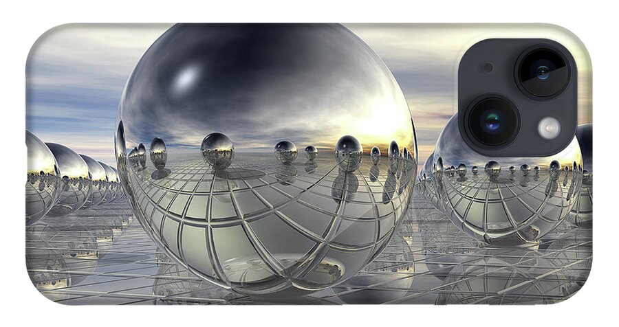 Surreal iPhone 14 Case featuring the digital art Reflecting 3D Spheres by Phil Perkins