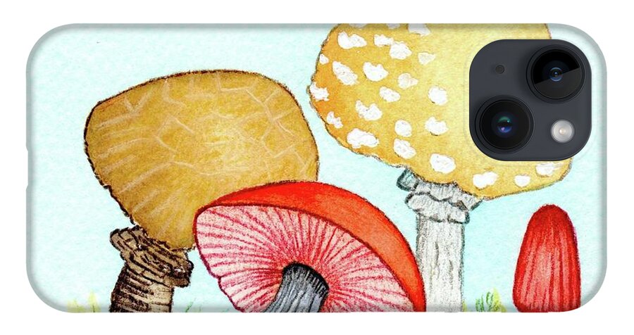 Retro Mushrooms iPhone 14 Case featuring the painting Retro Mushrooms 1 by Donna Mibus