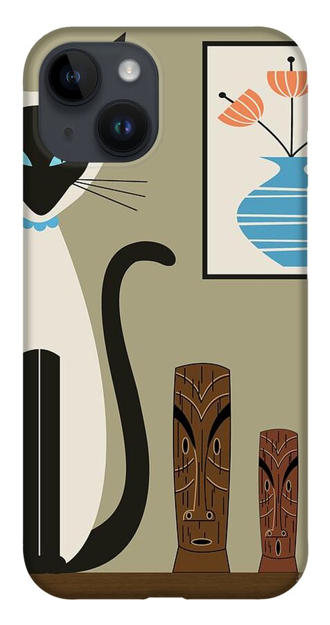 Mid Century Cat iPhone Case featuring the digital art Retro Siamese with Tikis by Donna Mibus