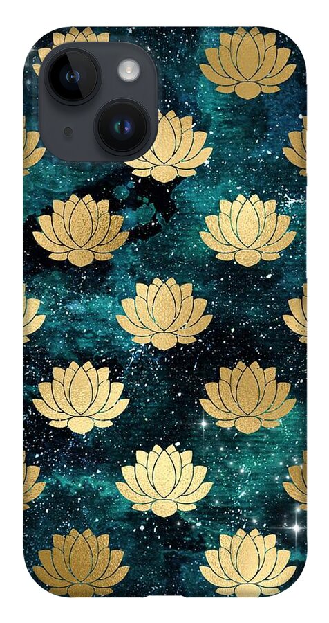 Watercolor iPhone 14 Case featuring the digital art Rivala - Teal Gold Watercolor Lotus Galaxy Dharma Pattern by Sambel Pedes