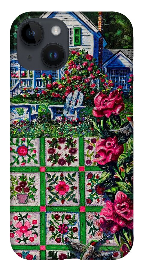A Patchwork Quilt Of Traditional Rose Patterns In A Rose Garden With Hummingbirds iPhone 14 Case featuring the painting Rose Garden by Diane Phalen