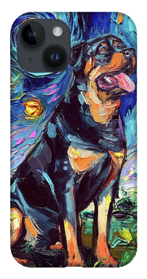Rottweiler iPhone 14 Case featuring the painting Rottweiler Night 2 by Aja Trier