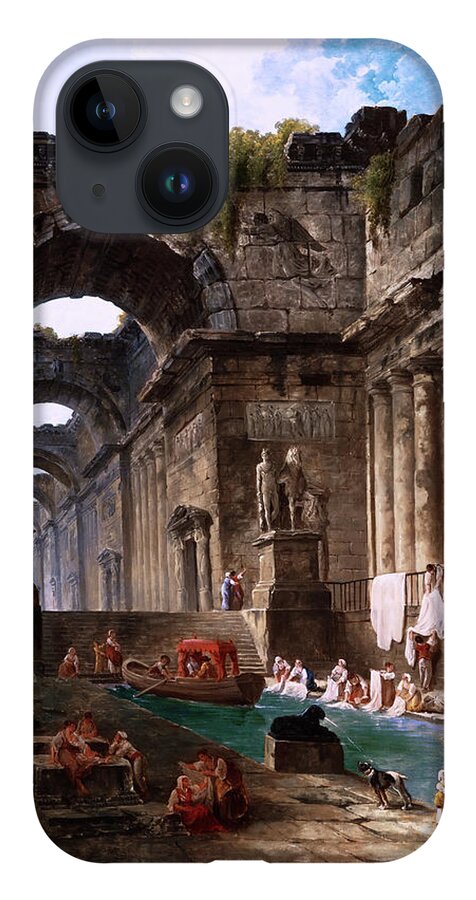Ruins Of A Roman Bath With Washerwomen iPhone Case featuring the painting Ruins Of A Roman Bath With Washerwomen by Hubert Robert Remastered Xzendor7 Reproductions by Xzendor7
