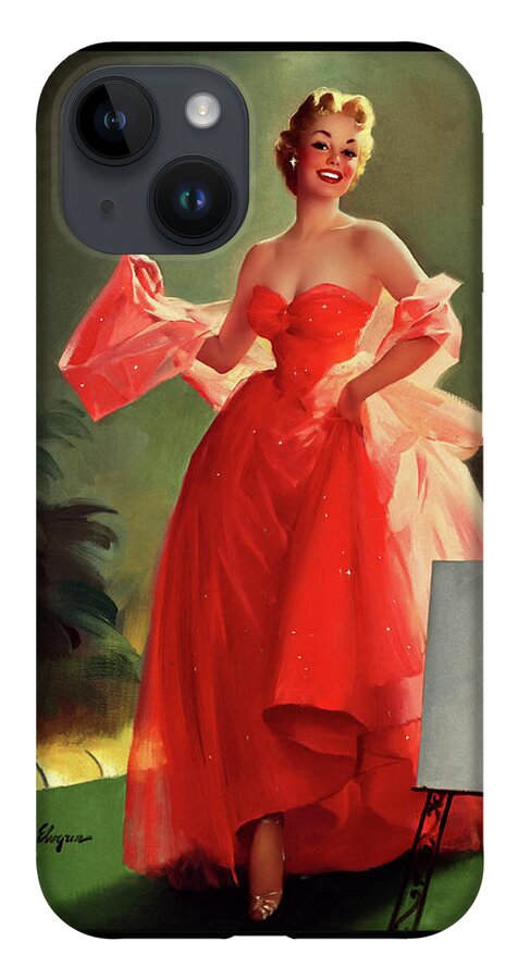 Runway Model iPhone 14 Case featuring the painting Runway Model In A Pink Dress by Gil Elvgren Pin-up Girl Wall Decor Artwork by Rolando Burbon