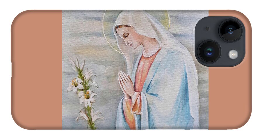 Lily iPhone 14 Case featuring the painting Saint Mary with lily by Carolina Prieto Moreno