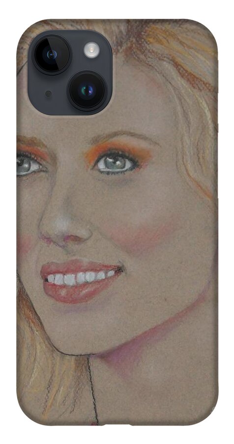 Scarlett Johansson iPhone 14 Case featuring the drawing Blond Bombshell No.5--Scarlett Johansson by Jayne Somogy