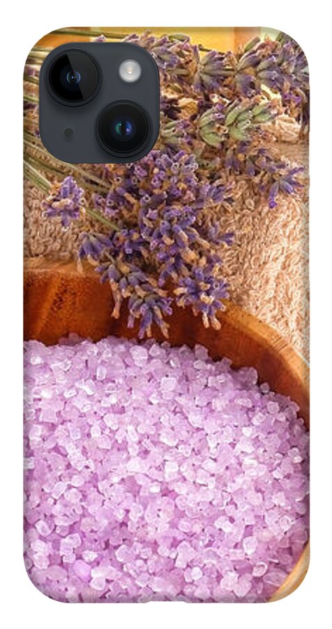 Accessories iPhone 14 Case featuring the photograph Scented Lavender Bath Salts and Aromatherapy Accessories by Olivier Le Queinec