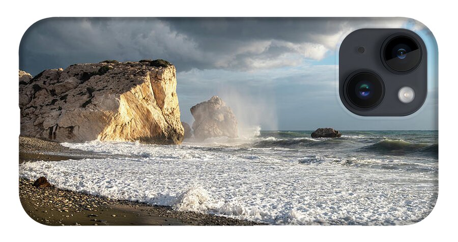 Seascape iPhone 14 Case featuring the photograph Seascape with windy waves splashing on the coast by Michalakis Ppalis